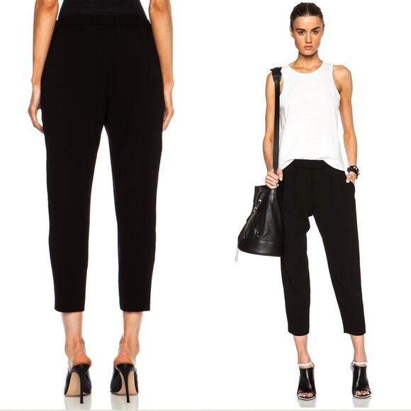 Nili Lotan M Slouchy Crepe Elastic Waist Dress Pants Acetate Pull On Crop Black - Picture 1 of 15